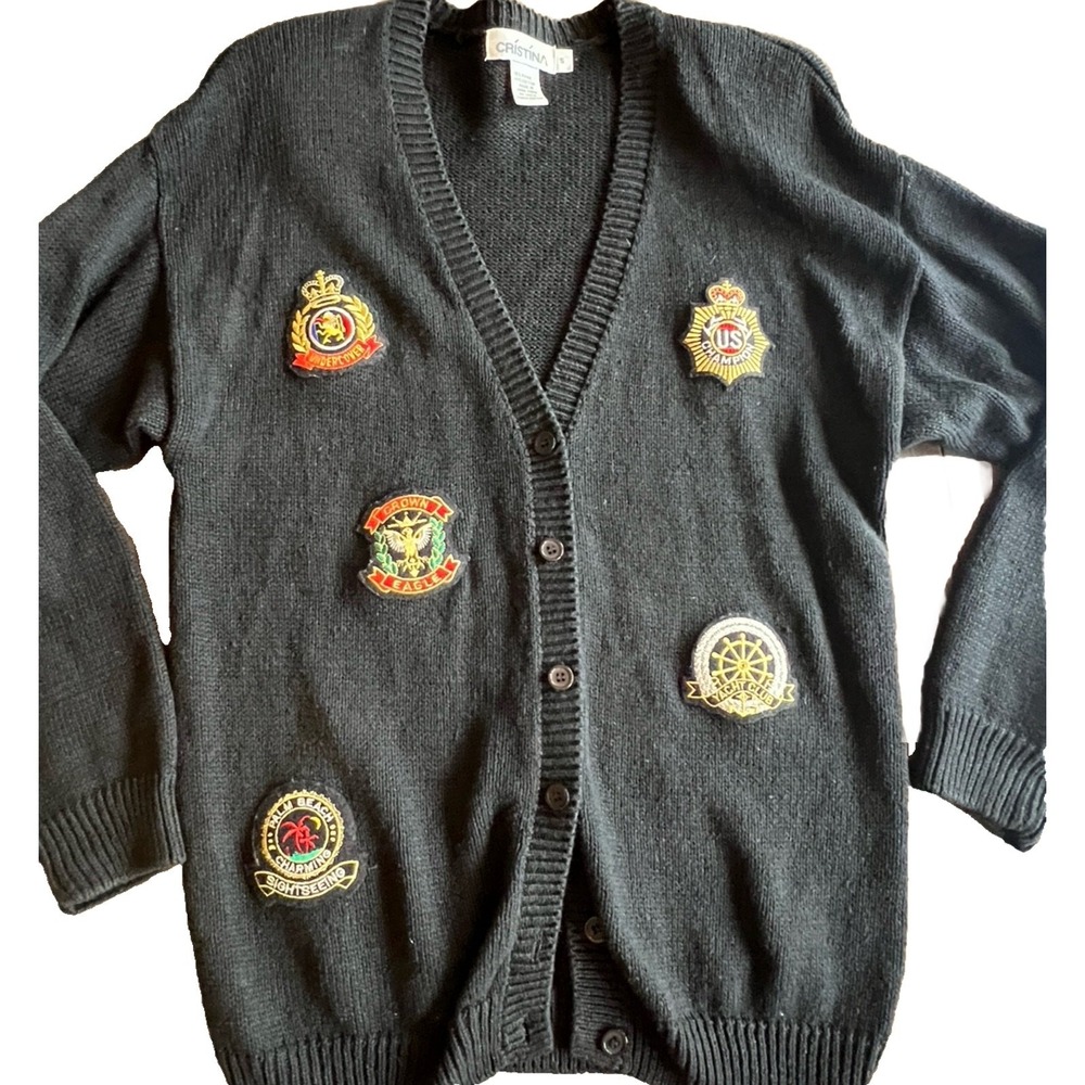 Vintage 90s Patch Sweater Size Small Cardigan Shoulder Pads Handsewn Patches